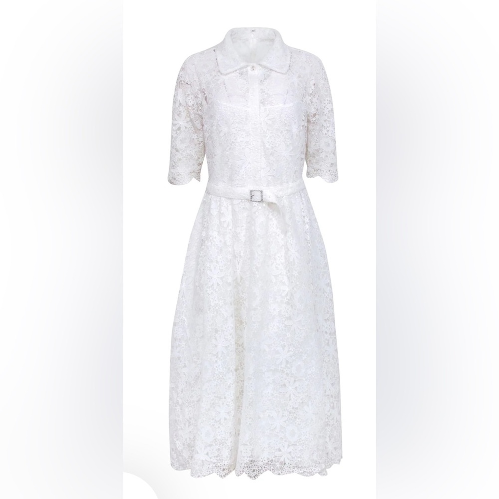 Teri Jon by Vickie Freedman Peter  Pan collar White Lace Midi Dress 10